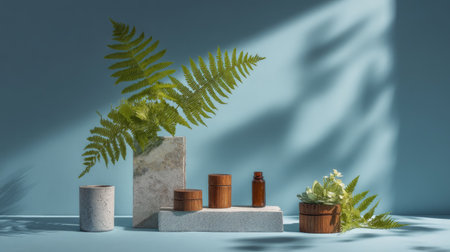 A serene arrangement featuring green ferns and natural elements on a soft blue background, creating a harmonious and stylish indoor atmosphere suitable for wellness and decor themes.の素材