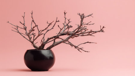 A striking minimalist display featuring bare branches in a sleek black bowl, set against a soft pink background. Perfect for modern decor inspiration.の素材