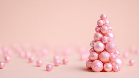 A charming decorative arrangement featuring various pink spheres artfully designed to resemble a Christmas tree, perfect for holiday decor and aesthetics.の素材