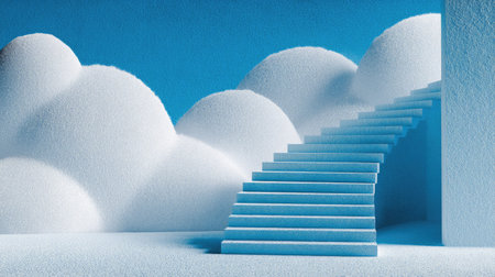 A surreal scene featuring a staircase rising into a blue sky, surrounded by fluffy, textured clouds, evoking feelings of peace and inspiration in a minimalist style.の素材