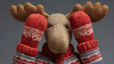 This charming moose plush toy, dressed in a cozy knit sweater and mittens, adds warmth and joy to any setting. Perfect for winter decor or children's gifts.の素材
