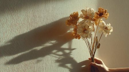 A serene image of a hand holding a delicate bouquet of dried flowers, casting intricate shadows on a textured wall, evoking warmth and tranquility.の素材