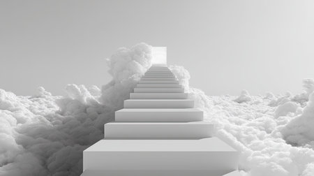A surreal staircase leads through fluffy clouds towards a bright light above. This serene image evokes feelings of hope, tranquility, and aspiration. Ideal for themes of journey and elevation.の素材