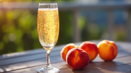 A refreshing glass of sparkling drink served beside ripe peaches, showcasing vibrant colors and textures, perfect for summer gatherings and celebrations.の素材