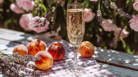 A sparkling drink in an elegant glass sits next to fresh peaches on a picnic blanket, surrounded by beautiful pink flowers and lavender, evoking a cheerful summer atmosphere.の素材