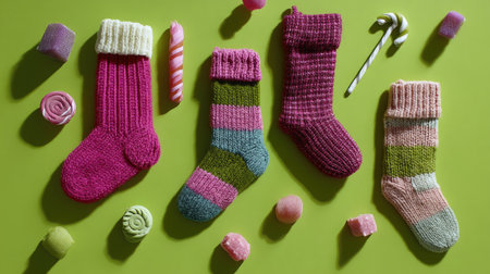 Brightly colored handcrafted knitted socks presented with assorted candies on a vibrant green background. Perfect for winter themes and festive decor.の素材