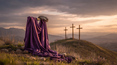 A serene landscape featuring draped purple fabric and a crown near three crosses at sunset. This image evokes themes of faith, spirituality, and hope.の素材