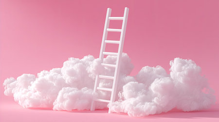 A whimsical scene featuring a white ladder placed among fluffy clouds on a soft pink background, evoking feelings of dreaminess and creativity. Perfect for abstract art themes.の素材