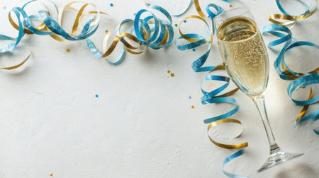 A stylish champagne glass filled with sparkling drink rests elegantly on a table, surrounded by vibrant blue and gold streamers, perfect for festive occasions.の素材