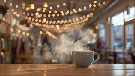 A steaming cup of coffee sits atop a wooden table in a cozy cafの素材