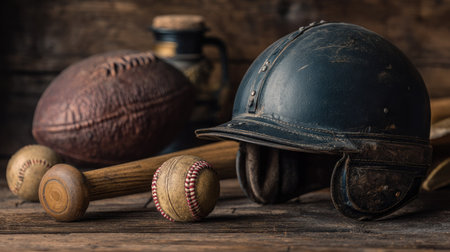 A nostalgic arrangement of vintage sports equipment featuring a classic helmet, baseball, and wooden bats. This image captures the essence of timeless athleticism and history.の素材