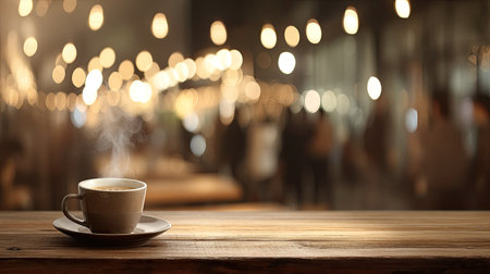 A steaming cup of coffee sits on a wooden table, exuding warmth and comfort in a cozy cafe setting filled with inviting bokeh lights. Perfect for relaxation.の素材