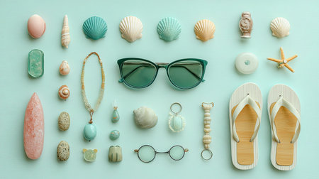 Explore a vibrant summer coastal flat lay featuring sunglasses, flip flops, and various beach accessories. Ideal for summer-themed projects or websites.の素材