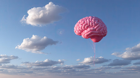 A surreal image featuring a pink brain floating among fluffy clouds in a blue sky. This art piece captures imagination and creativity, evoking a sense of exploration and whimsy.の素材