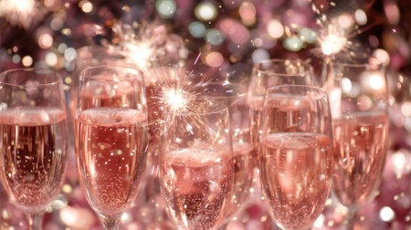 A close-up of sparkling rose champagne glasses with beautiful bokeh lights in the background, perfect for celebrations, toasting, and festive events.の素材