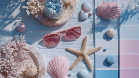 Explore a vibrant coastal summer scene featuring pastel shells, stylish sunglasses, and a soothing color palette. Perfect for beach-themed designs.の素材