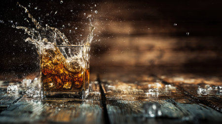 A captivating image of whiskey splashing in a glass filled with ice cubes. The rustic wooden background adds warmth to this refreshing beverage moment.の素材