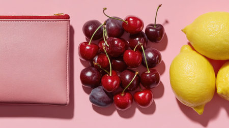 A vibrant flat lay featuring fresh cherries and lemons beside a pink wallet on a pink surface, perfect for showcasing summer fruits and trendy styles.の素材