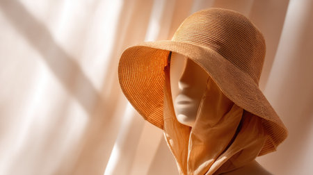This image features an elegant sun hat adorned with a scarf, creating a chic fashion statement. The warm tones and soft light add a serene, stylish ambiance.の素材