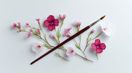 A serene composition featuring a paint brush surrounded by delicate flowers on a white background, ideal for art, creativity, and floral design themes.の素材