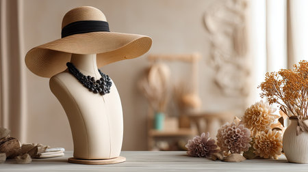 A beautiful arrangement featuring an elegant hat and stylish necklace on a mannequin. This artistic composition creates a warm and inviting atmosphere. Perfect for showcasing fashion trends and home decor inspirations.の素材