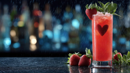 A vibrant strawberry drink with mint leaves sits on a sleek bar counter, capturing the essence of refreshment and celebration, perfect for summer or romantic occasions.の素材