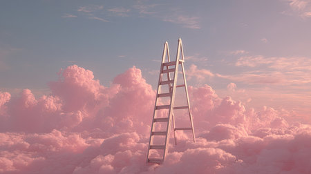 A captivating image featuring a ladder standing tall among soft pink clouds, representing aspiration and tranquility in a dreamy landscape.の素材