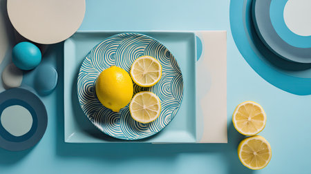 A vibrant composition featuring a fresh lemon on an artistic blue plate, showcasing a bright and colorful decorative arrangement perfect for kitchen decor.の素材
