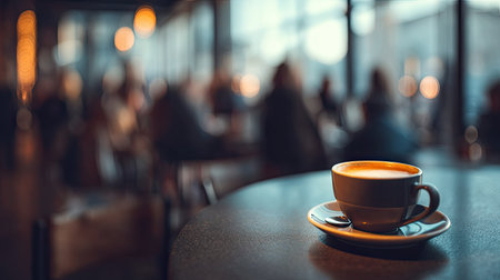 A warm cup of coffee rests on a table inside a modern cafの素材