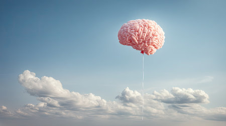 A whimsical image depicting a pink brain suspended by a balloon in a clear sky, representing creativity and freedom of thought. Ideal for imaginative projects.の素材