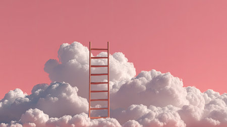 A striking image featuring a ladder leading into soft clouds under a tranquil pink sky, evoking feelings of serenity, imagination, and aspiration towards new heights.の素材