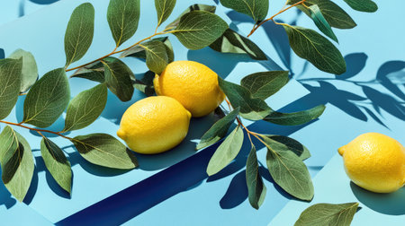 Bright lemons alongside lush green leaves create a stunning composition on a vibrant blue background. Perfect for highlighting freshness and nature.の素材