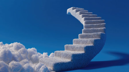 This surreal image features a soft, textured staircase leading out of fluffy clouds against a vivid blue sky. A perfect representation of dreams and aspirations.の素材
