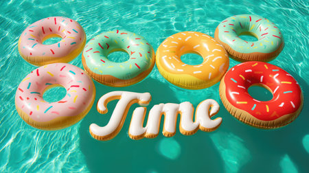 Bright inflatable donuts float in a refreshing pool, creating a fun and vibrant atmosphere perfect for summer parties and relaxation. Ideal for leisure activities!の素材