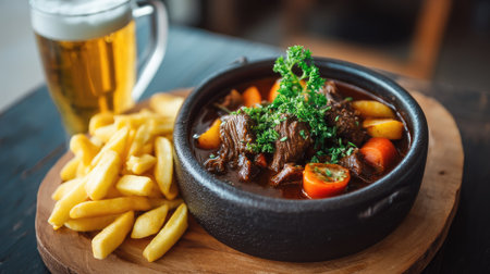 Savory beef stew served with fresh vegetables and crispy fries, accompanied by a refreshing beer. A perfect meal for culinary enthusiasts and food lovers.の素材
