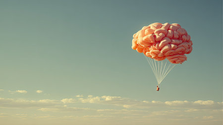 A whimsical image of a person parachuting beneath a gigantic pink brain cloud, symbolizing creativity and imagination against a clear blue sky, evoking feelings of adventure and fun.の素材