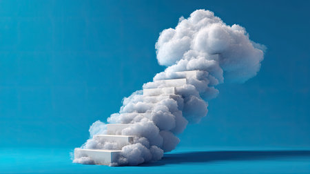 A surreal cloud staircase floats gracefully against a vibrant blue background, symbolizing dreams and elevation. Perfect for creative and inspirational projects.の素材