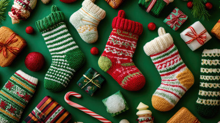 Brightly colored Christmas stockings and neatly wrapped gifts create a festive scene on a green background, perfect for holiday decorations and celebrations.の素材