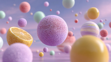 This vibrant and colorful image features abstract spheres and fruit elements in a dreamy background, creating a surreal and artistic atmosphere full of imagination.の素材