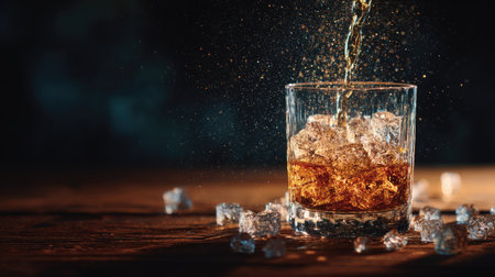 A captivating image of a refreshing beverage being poured over ice in a glass on a wooden surface, evoking a sense of relaxation and enjoyment. Perfect for bar and drink themes.の素材