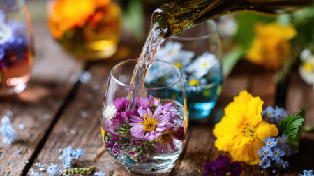 A captivating scene featuring a refreshing beverage poured into a glass filled with vibrant flowers. Perfect for spring and summer inspiration, this still life captures the beauty of nature's colors.の素材