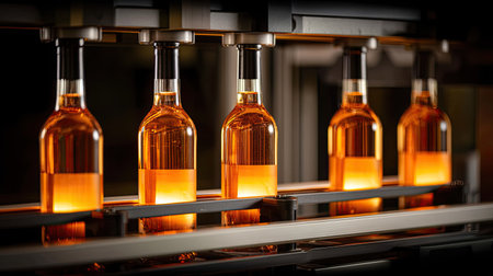 The image showcases a modern bottling process featuring amber liquid in glass bottles. The scene highlights advanced machinery in a streamlined production facility.の素材