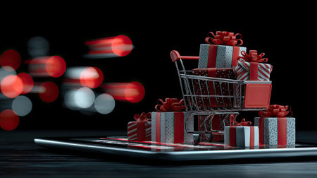 A shopping cart filled with beautifully wrapped gifts sits on a tablet screen, set against a backdrop of blurred festive lights, evoking a sense of holiday cheer.の素材