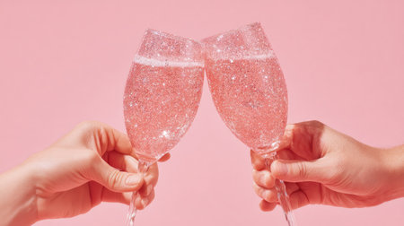 Two hands raise delicate champagne flutes filled with sparkling drink against a soft pink background, celebrating joyful moments and festive occasions.の素材