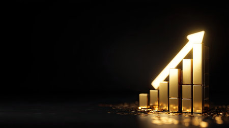 A striking image of a golden bar chart with an upward arrow, set against a dark background, symbolizing financial growth and business success.の素材