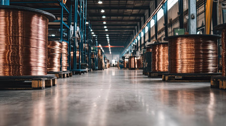 A spacious industrial warehouse showcasing spools of copper wire arranged neatly along the aisles, illuminated by bright overhead lights, creating an efficient workspace.の素材
