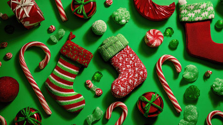 A vibrant arrangement of festive decorations featuring colorful Christmas stockings, candy canes, and assorted sweets on a bright green background, perfect for holiday themes.の素材