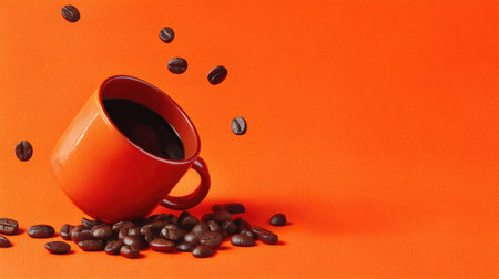A vibrant orange coffee cup tilted to spill dark coffee beans against a bold orange background, evoking feelings of warmth and energy in a cozy setting.の素材