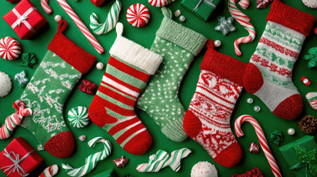 A vibrant arrangement of colorful Christmas stockings surrounded by festive decorations and treats, perfect for evoking holiday cheer and warm nostalgia.の素材