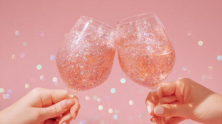 Two hands clink glittering wine glasses filled with a sparkling drink against a soft pink backdrop, creating a joyful atmosphere for any celebration.の素材